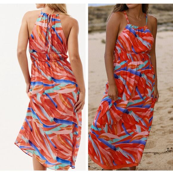 Cloth & Stone Midi Dress SMALL Red Abstract Print Beach Vacation Halter Tie NEW - Picture 10 of 11